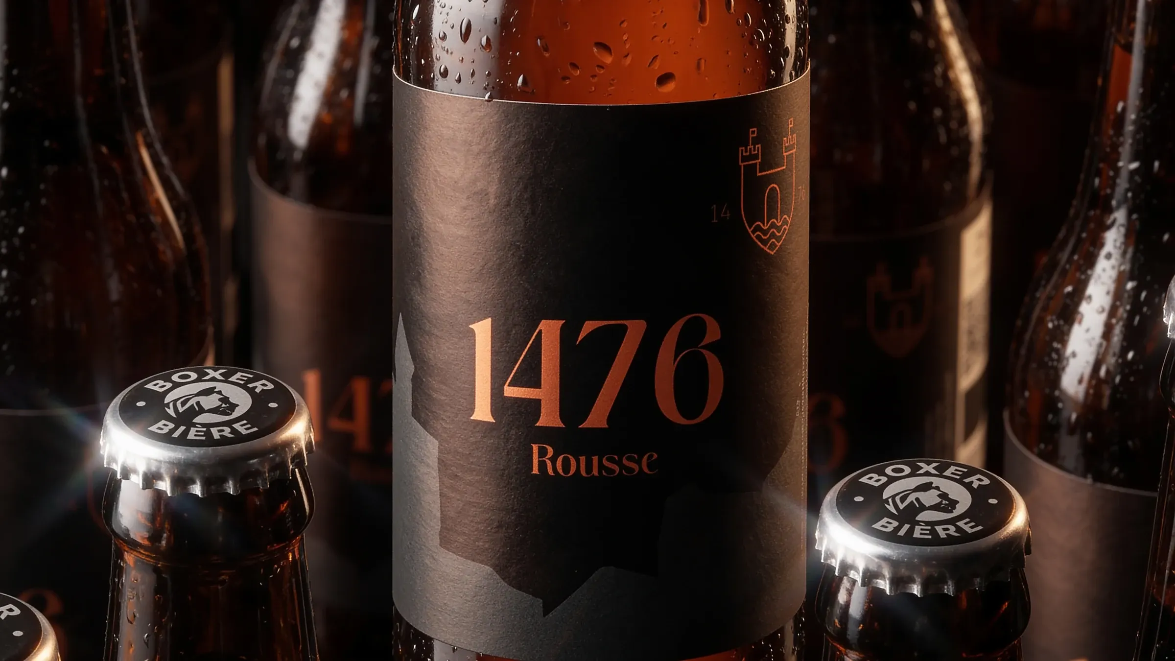 1476 commemorative label for Boxer beer, matte black with serif numerals and burnt orange accents