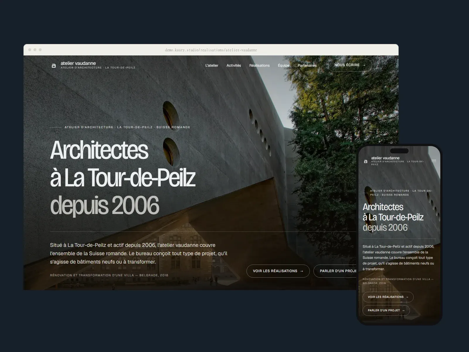 Page d'accueil de l'Atelier Vaudanne dans un cadre de navigateur et sur un téléphone