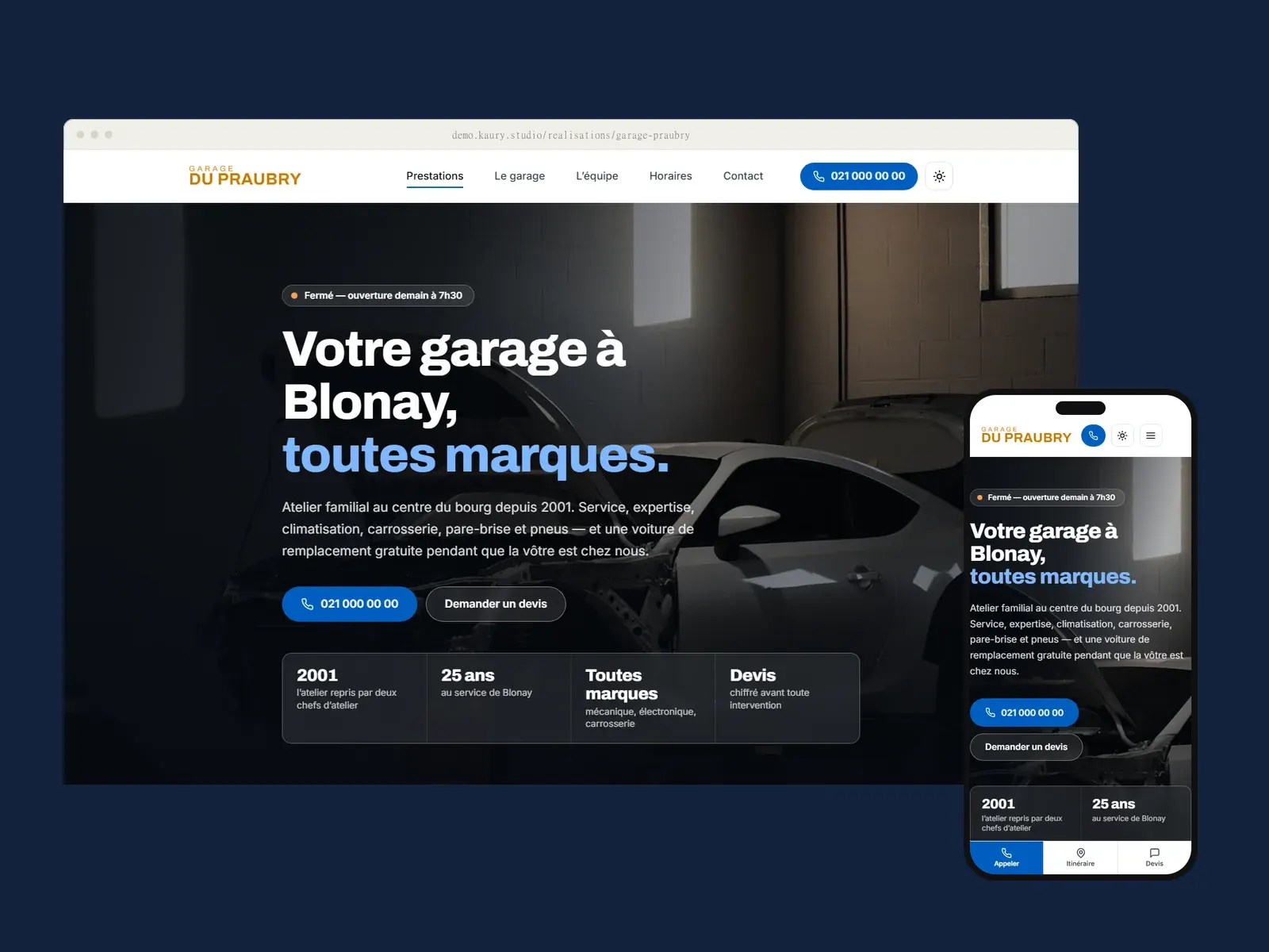 Page d'accueil du Garage du Praubry dans un cadre de navigateur et sur un téléphone