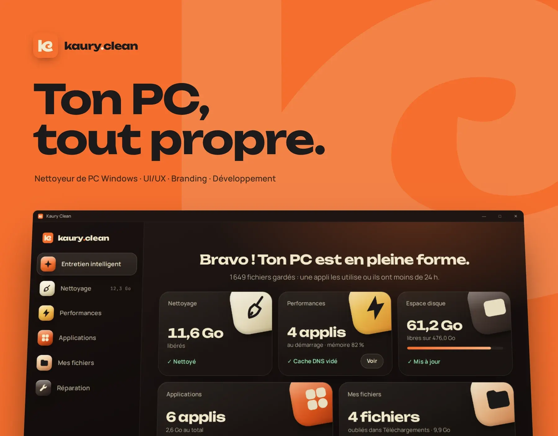 Kaury Clean, « Ton PC, tout propre. », l'appli affichée sur fond orange