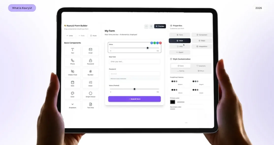 KauryUI framework interface, components and interactions