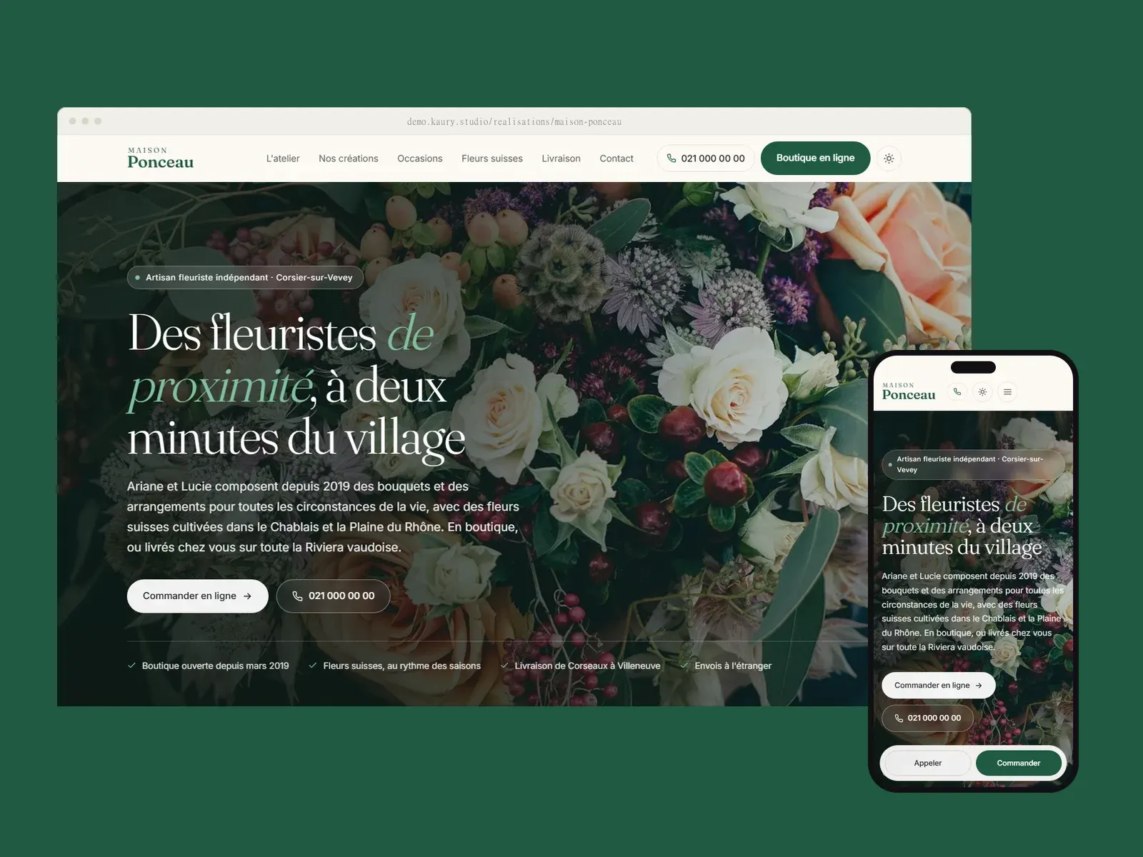 Page d'accueil de la Maison Ponceau dans un cadre de navigateur et sur un téléphone