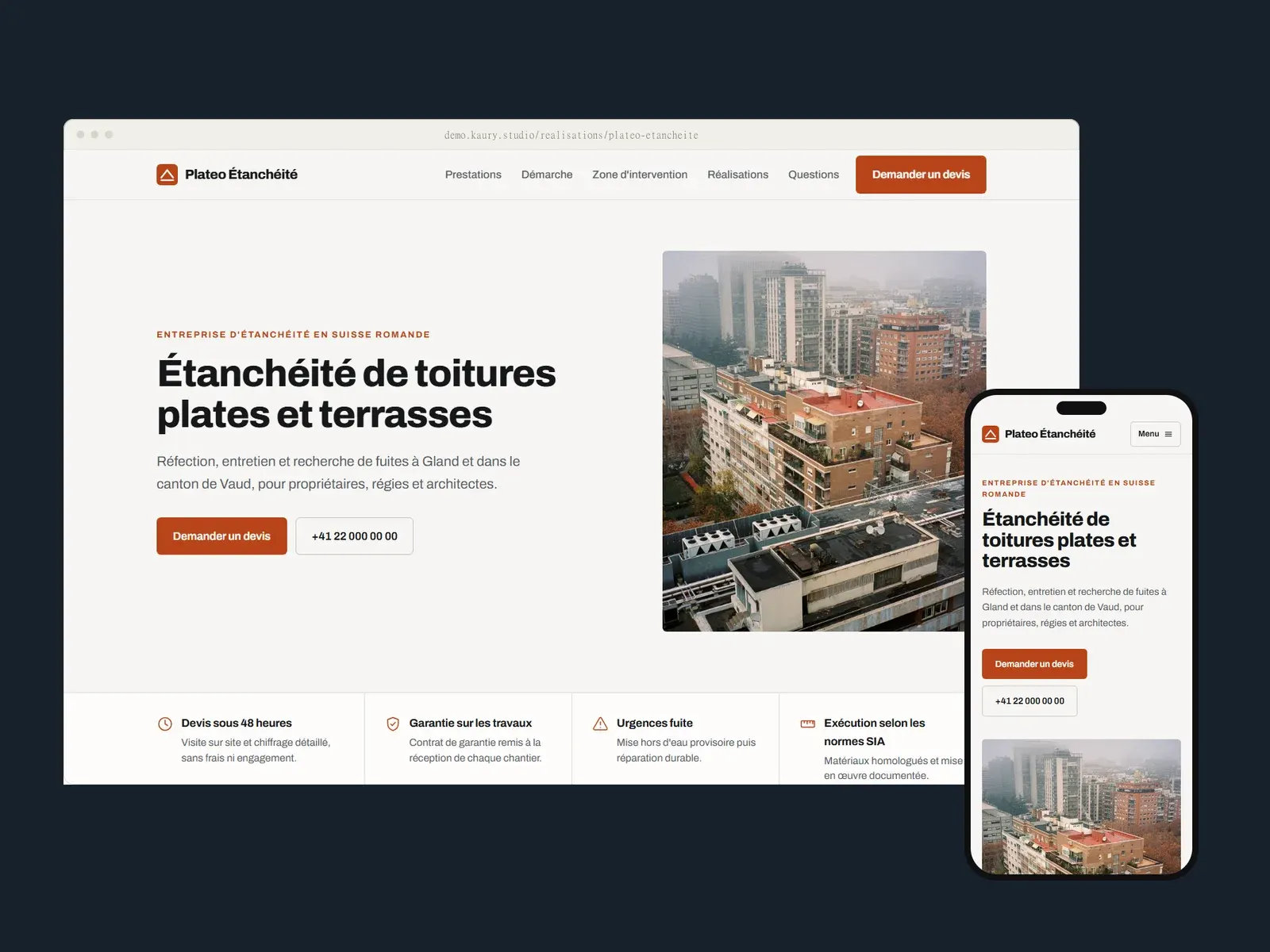 Page d'accueil de Plateo Étanchéité dans un cadre de navigateur et sur un téléphone