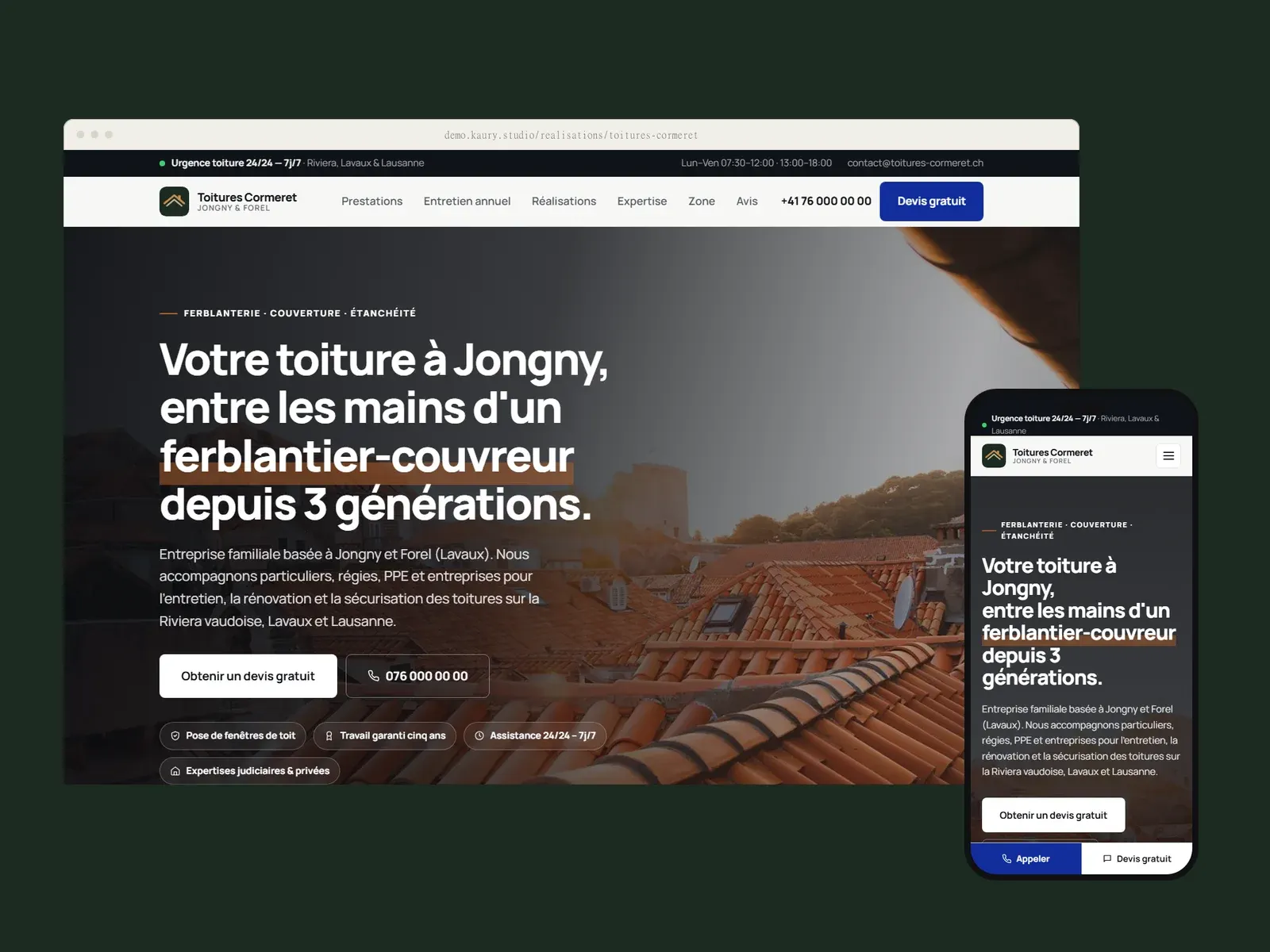 Page d'accueil de Toitures Cormeret dans un cadre de navigateur et sur un téléphone