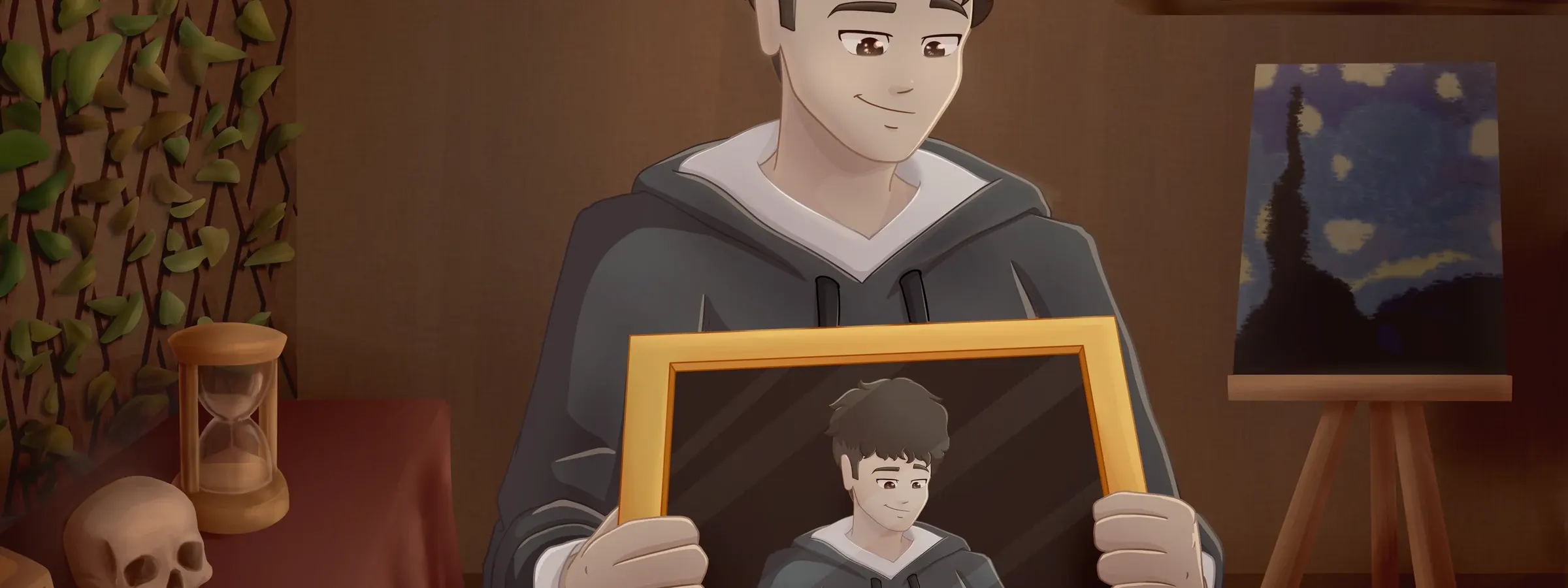 Vanity illustration, a self-portrait in an infinite reflection on the theme of vanity
