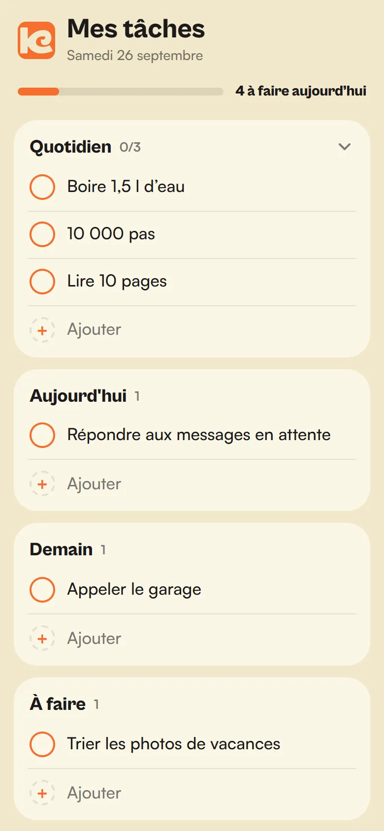 Kaury Tâches en thème clair : sections Quotidien, Aujourd’hui, Demain et À faire