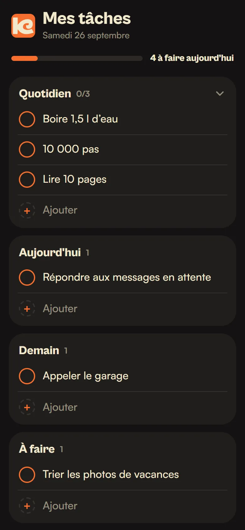 La même liste en thème sombre