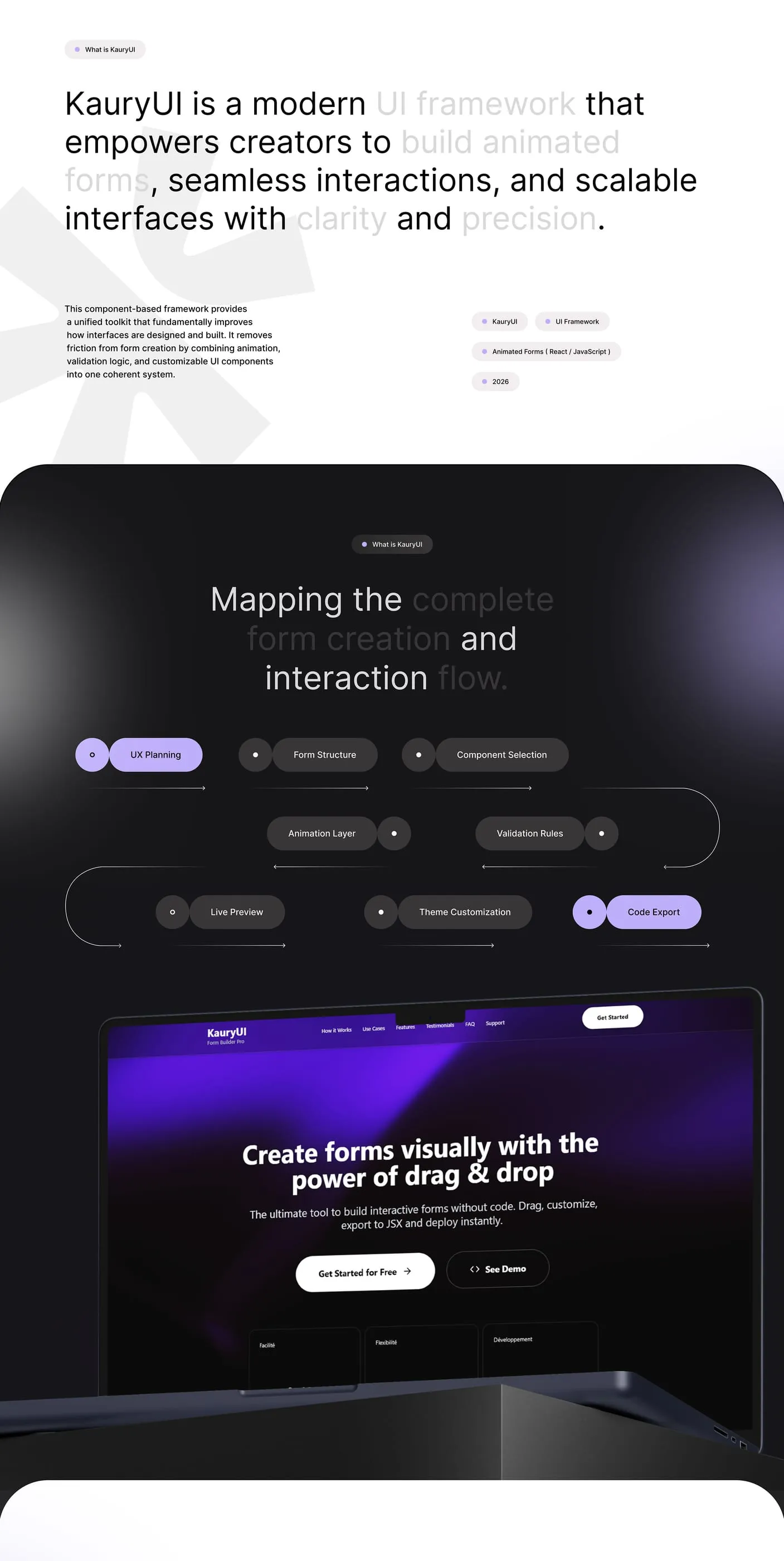 Interface du framework KauryUI, composants et interactions