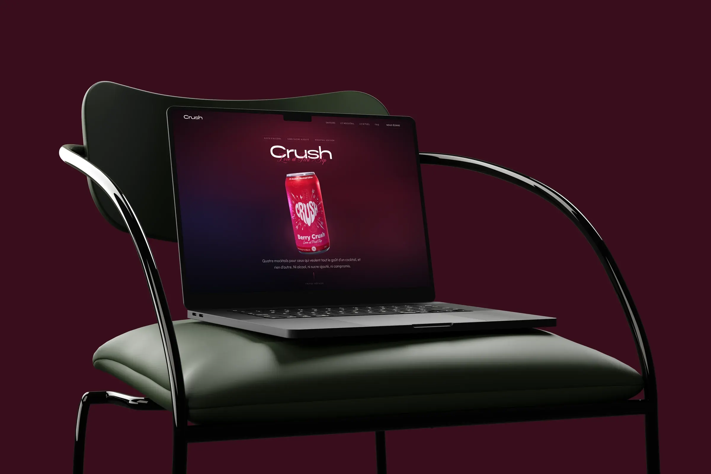 The Crush website shown on a laptop against a deep burgundy background