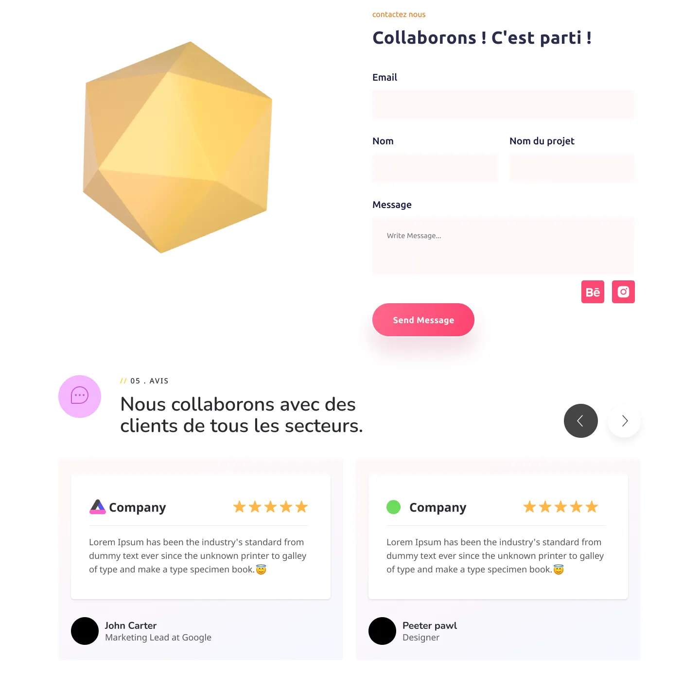 Contact page mockup — enquiry form and client reviews section