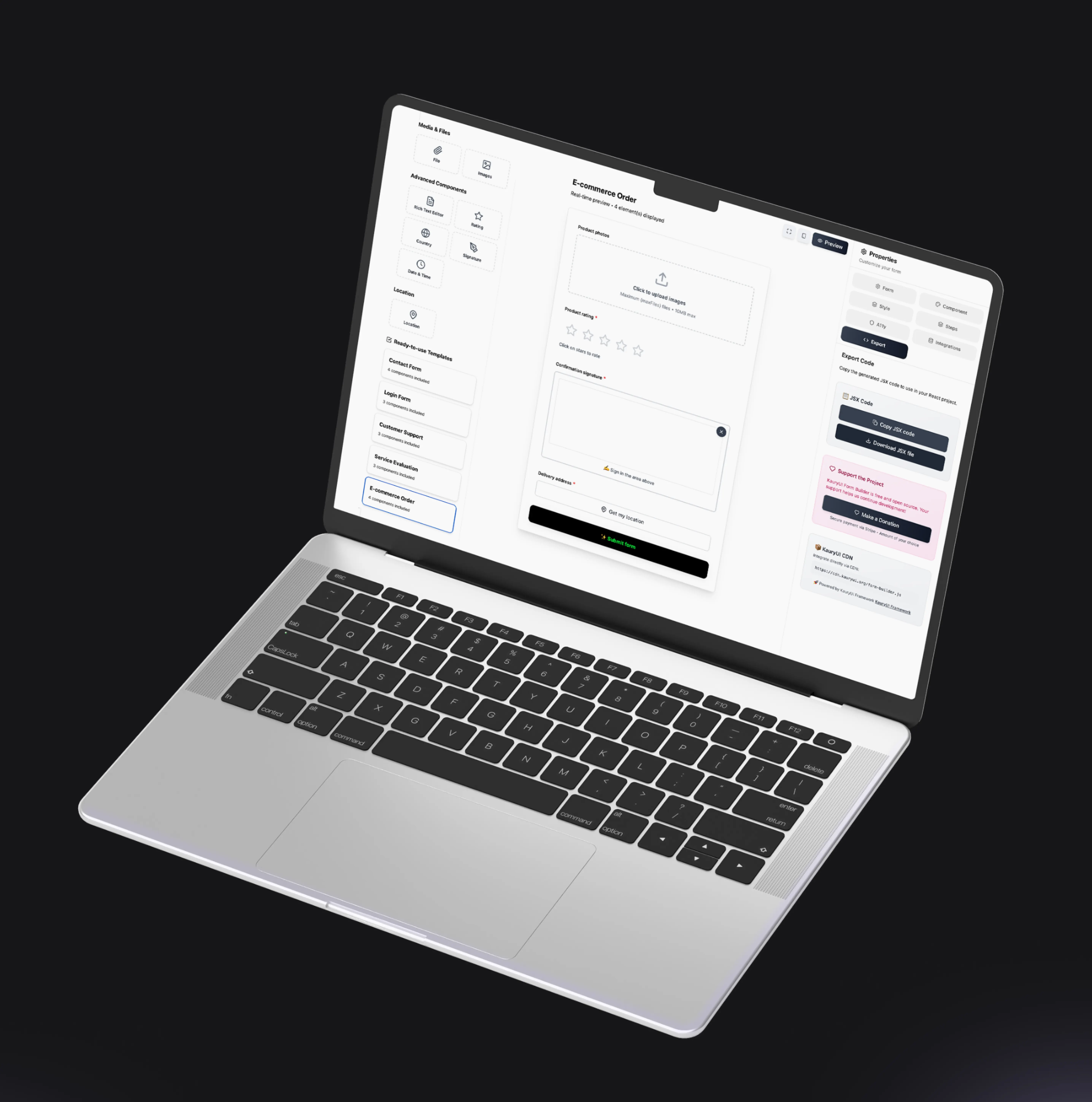 KauryUI form builder on a laptop, editor and real-time preview
